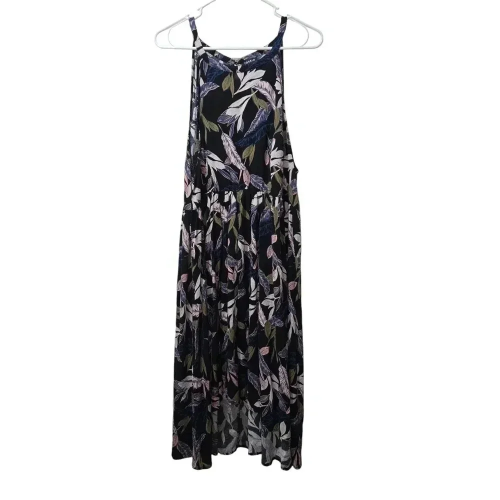 Torrid Black Palm Leaf High Neck Dress Tropical Days Sleeveless Keyhole Size 1 - Picture 2 of 6